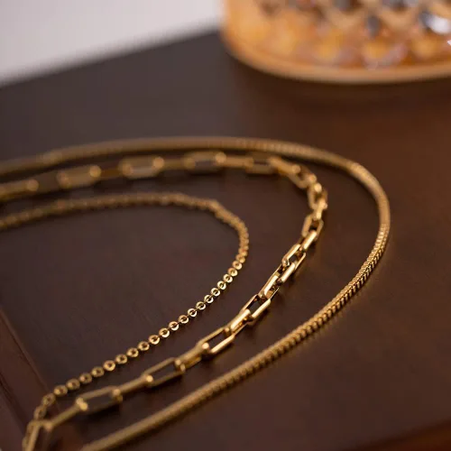Vista 3 de Juego de collar de oro en capas para mujer, collar de espiga para mujer, delicado collar de cadena de serpiente plana en capas, gargantilla de oro