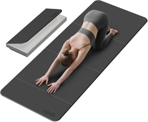 Vista 9 de Esterilla de yoga plegable extra grande de 74 x 31.5 pulgadas, 0.315 pulgadas, de doble cara, antideslizante, ligera, para hombre y mujer, portátil
