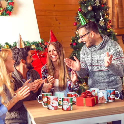 Vista 6 de Nuogo Paquete de 8 tazas de café de Navidad de cerámica, tazas de cerámica apilables para fiesta de vacaciones, tazas de cerámica para regalo