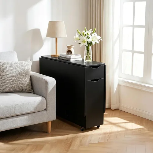 Vista 7 de Mesa de comedor plegable con cajón y estantes de almacenamiento, mesa de comedor plegable de 53" que ahorra espacio con 6 ruedas, mesa de hoja