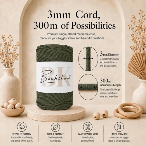 Vista 3 de BOCHIKNOT Cordón de macramé de 3 mm x 302 m - Cordón de macramé de hebra única para colgantes de pared, perchas de plantas - Cordón de macramé de 3