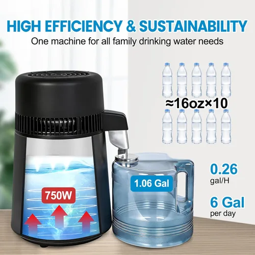Vista 3 de DC HOUSE 1 Gallon Water Distiller Machine, 750W 4L Pure Distilled Water Maker Machine with Container for Home Countertop Table Desktop, Drinking