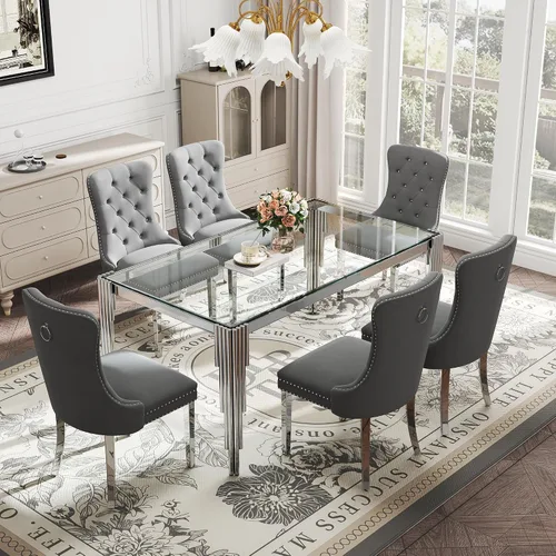 Vista 15 de Juego de mesa de comedor de cristal de 5 piezas para 4, mesa de cocina cuadrada de 37 pulgadas con 4 sillas tapizadas de terciopelo negro, mesa