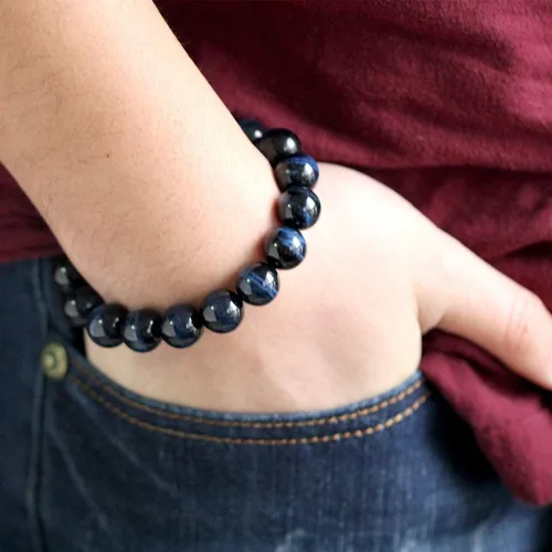 Vista 5 de Jewever Pulsera de ojo de tigre natural para hombres y mujeres, piedras preciosas elásticas, cuentas de piedra natural, 0.472in, elástica, unisex