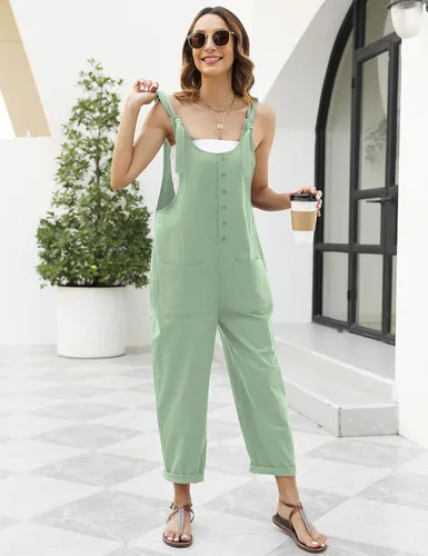 Vista 6 de Omoone Overol de algodón y lino para mujer, estilo casual, con tirantes de corbata, pechera, holgado, pierna ancha con bolsillos