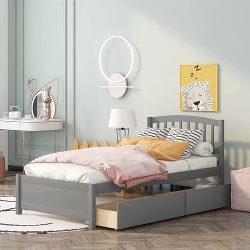 Vista 12 de Base de cama individual de madera maciza para niños con nido y cabecera curvada, base de cama de plataforma de perfil bajo con soporte de listones