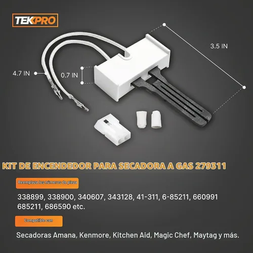 Vista 6 de Kit de reparación de secadora de gas con encendedor 279311, bobina de válvula 279834, sensor de llama 338906. Piezas de repuesto