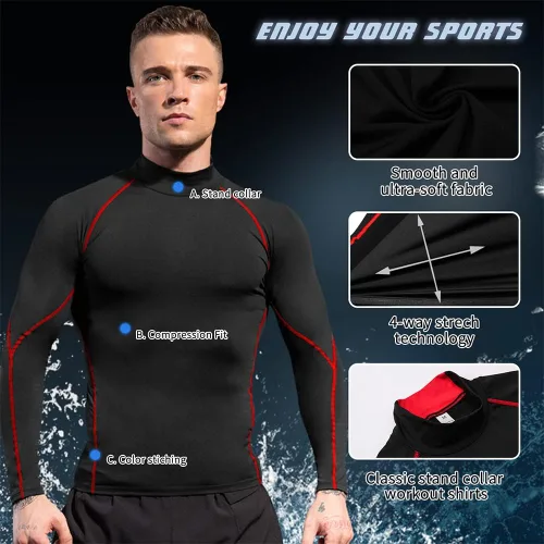Vista 2 de Camisas de compresión para hombre, atléticas, de manga larga, para correr, gimnasio, cuello alto, secado rápido, capa base elástica activa