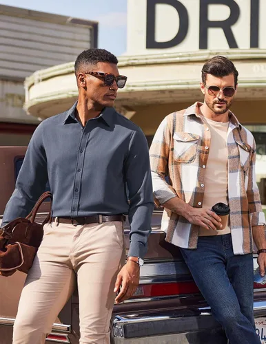 Vista 45 de COOFANDY Camisa de vestir casual de mezclilla con botones y manga larga para hombre