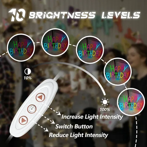 Vista 4 de Letrero de neón de feliz cumpleaños para decoración de pared, luces de neón de feliz cumpleaños coloridas, luz de neón LED de cumpleaños para telón