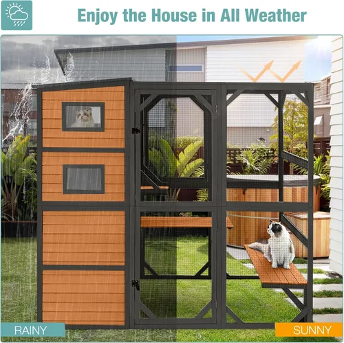Vista 6 de Big Catio - Casa para gatos al aire libre, refugio de madera para gatos de 4 niveles con gran espacio interior (marrón, extragrande)