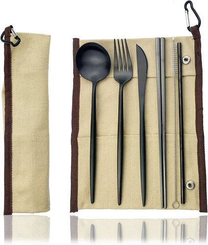 Vista 10 de JASHII Juego de cubiertos de viaje de acero inoxidable, tenedor, cuchara, cuchillo, pajilla, cubiertos reutilizables con estuche, juego de Rosa