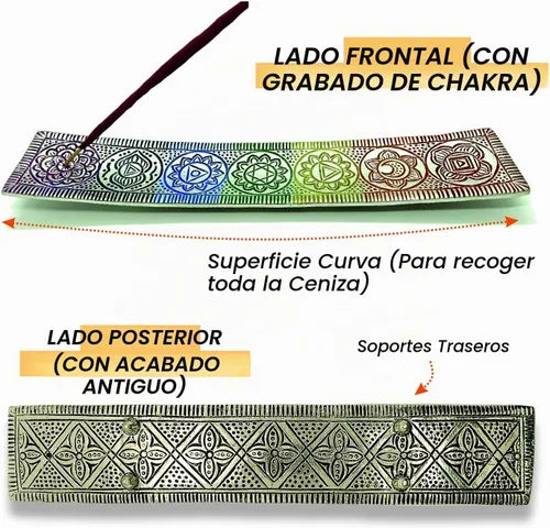 Vista 2 de Soporte de incienso de metal para palos y cono, 7 chakras, bandeja