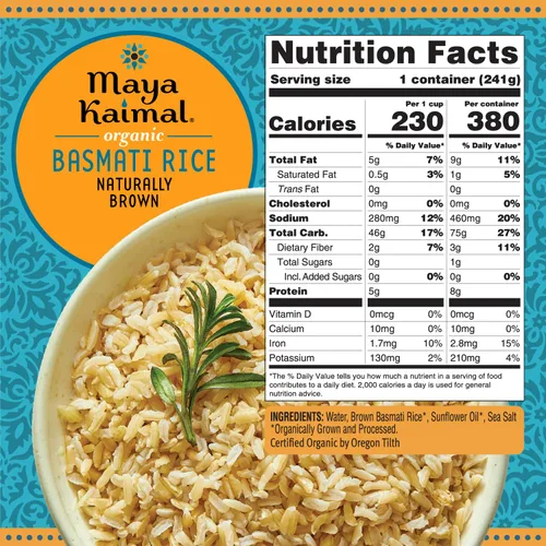 Vista 2 de Maya Kaimal Arroz Basmati orgánico naturalmente marrón, listo para comer, totalmente cocido, vegano, certificado orgánico, sin OMG, sin gluten, 8.5