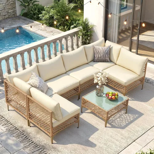 Vista 11 de FHFO 7 Piece Patio Furniture Set, Outdoor Wicker Sectional Sofa Set 1/ Gris Gris Claro