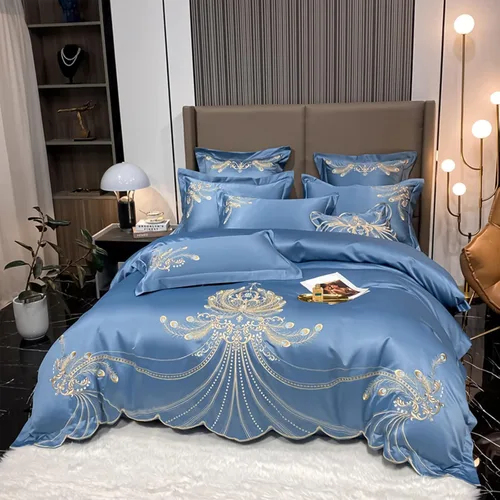 Vista 8 de QQXX Juego de funda de edredón bordado de lujo, juego de ropa de cama de seda jacquard, acogedor juego de funda de edredón de microfibra