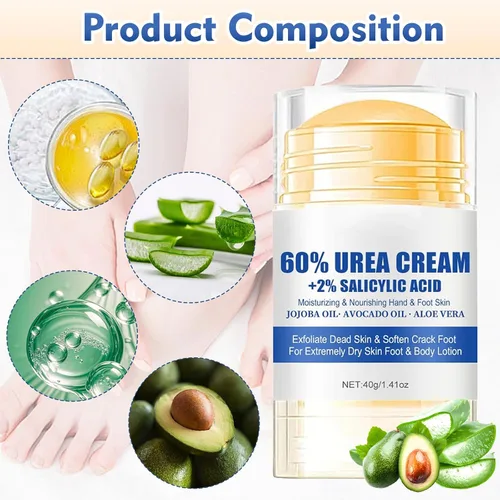 Vista 4 de Crema hidratante y antigrietas para pies, 60% urea, hidratante y alivia las grietas y la sequedad, crema para pies para manos y talones, reparación