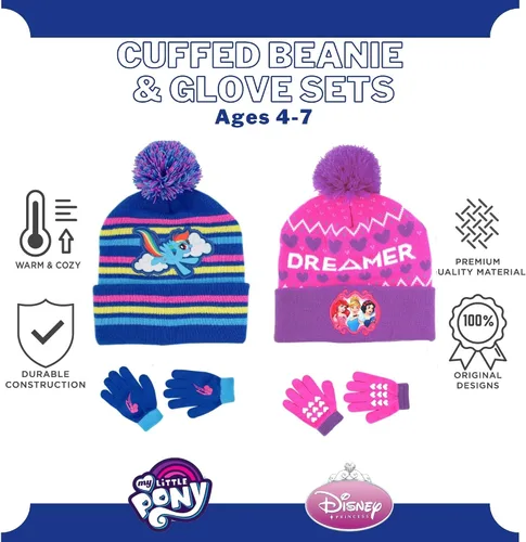 Vista 4 de Paquete de 2 sombreros de invierno para niños, guantes o mitones, My Little Pony y Princess Baby Beanie para niñas de 4 a 7 años, azulrosa, AzulRosa