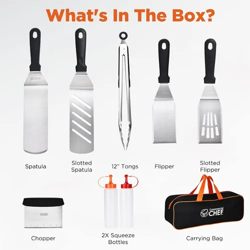 Vista 2 de Commercial Chef Kit de accesorios para plancha de 9 piezas, accesorios para parrilla plana Hibachi, juego de espátula para parrillas Weber
