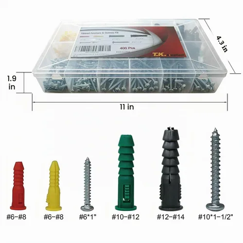 Vista 3 de T.K.Excellent Kit de anclajes y tornillos de plástico para paneles de yeso, juego de tornillos surtidos de anclajes acanalados, kit de anclaje