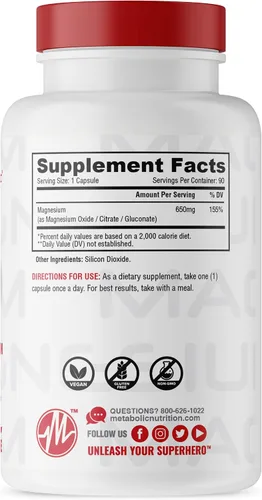 Vista 2 de Metabolic Nutrition Magnesio, 650 mg por porción, sin OMG, vegano, sin gluten, 90 cápsulas
