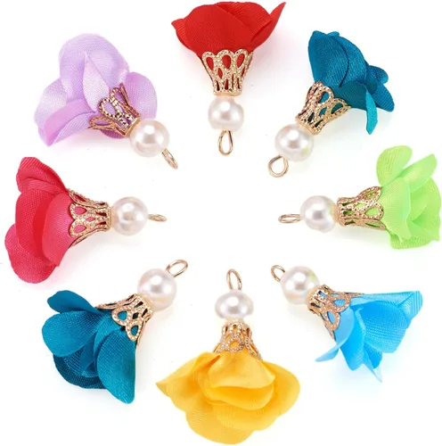 Vista 12 de Cheriswelry Colgantes de flores de tela de tela con pétalos florales con tapa dorada para aretes de bricolaje, llavero, fabricación de joyas