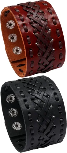 Vista 4 de Brazaletes de cuero trenzado ajustable Aroncent con botón a presión, estilo rockero o motociclista - 2-4