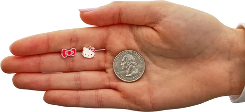 Vista 5 de Sanrio Hello Kitty - Aretes de tuerca para mujer, aretes Hello Kitty de plata de ley, con licencia oficial, Metal