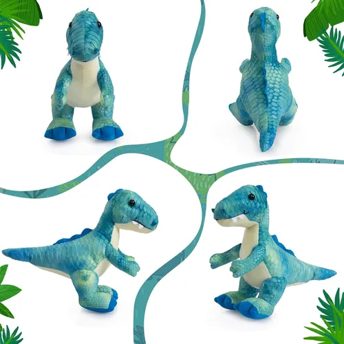 Vista 6 de HollyHOME Juguete de dinosaurio T-Rex de peluche con escamas texturizadas suaves y realistas, lindo regalo de dinosaurio para niños, azul y blanco