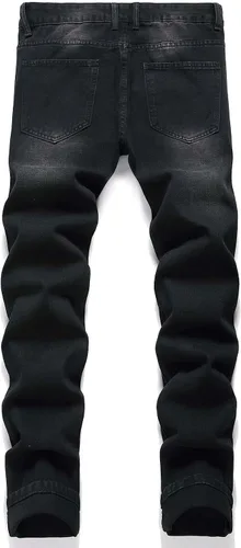 Vista 2 de QONIA Jeans para hombre con detalle de parche de oso y letra, rasgados, deshilachados, ajustados, de pierna recta, jeans para hombres