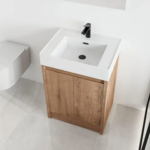 Vista 18 de Malwee Tocador de baño independiente de 24 pulgadas con lavabo, tocador de baño de pie de 24'', tocador moderno con 2 puertas y encimera de lavabo