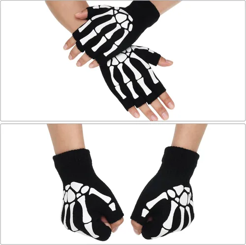 Vista 4 de SATINIOR Guantes de esqueleto sin dedos para mujeres y hombres, disfraz de Halloween, guantes de esqueleto unisex con diseño de hueso gótico