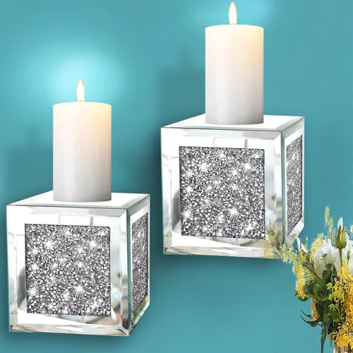 Vista 9 de ZOLAPI Juego de 2 candelabros de cristal con diamantes triturados, espléndido candelabro de pared con espejo plateado redondo, candelabros de vela