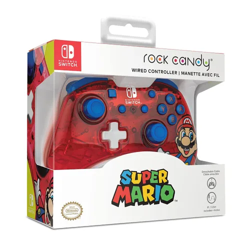 Vista 2 de Rock Candy Wired Gaming Switch Pro Controller - Mario - Red - Official License Nintendo - OLED Lite Compatible, Compact, Durable Travel Controller