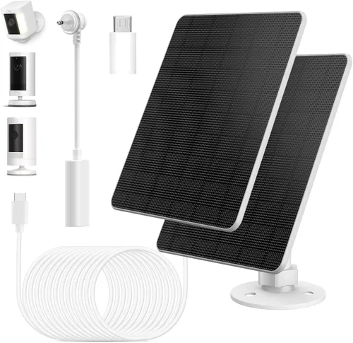 Vista 10 de Panel Solar de 5W de 2 Piezas para Cámara de Seguridad, Panel Solar con Puerto Micro USB y USB-C para Cámara para Exteriores con Batería Recargable