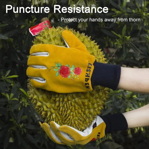 Vista 3 de Cactus Gloves, 2 Layers Leather Palm, Deerskin Back Women Gardening Gloves Amarillo y blanco
