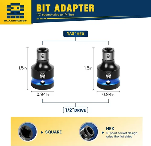 Vista 2 de BLACKROBOT 2 PCS Portabrocas de Impacto Adaptador de Transmisión Cuadrada de 1/2 Pulgada a Casquillo Hexagonal de 1/4 Pulgada para Llave de Impacto