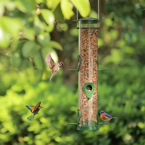 Vista 6 de 2 paquetes de comederos para pájaros verdes, comederos colgantes de tubo, comederos para pájaros salvajes de 6 puertos, comederos premium de Verde 2