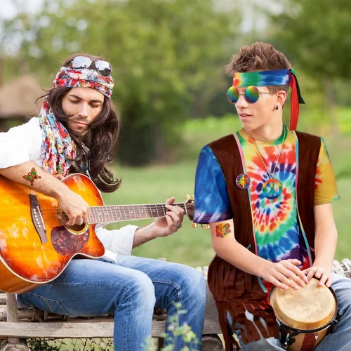 Vista 6 de Hotop Conjunto de disfraz hippie de los años 60 y 70 para mujeres y hombres chaleco hippie teñido anudado camiseta con signo de la paz collar