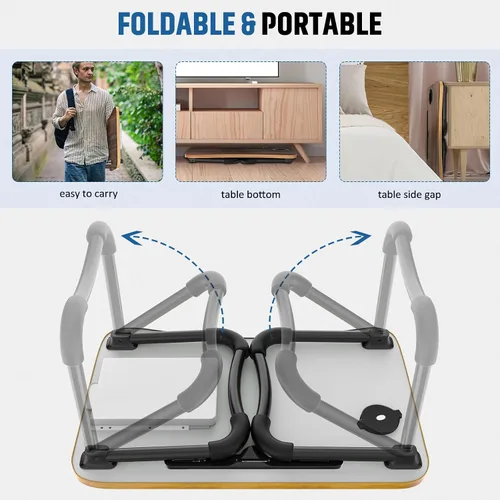 Vista 6 de Zapuno Mesa de cama plegable para laptop, mesa multifunción con cajón de almacenamiento y soporte para botella de agua, bandeja de servir mesa