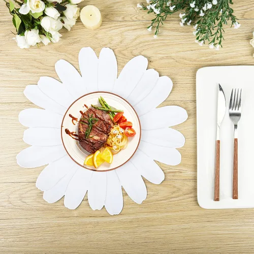 Vista 8 de 50 manteles individuales de papel desechables con diseño floral de margaritas con recortes en forma de flor
