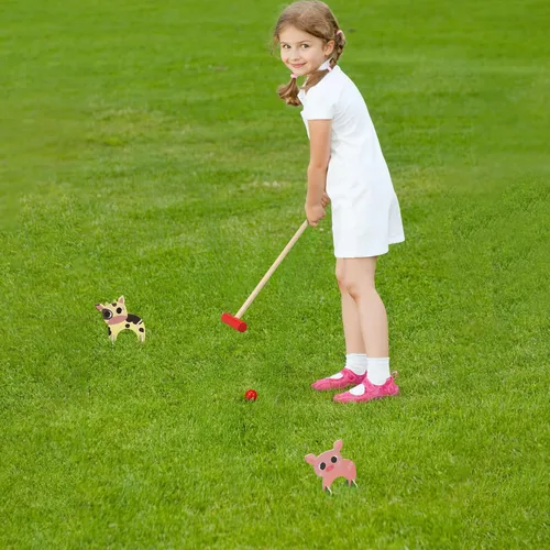 Vista 6 de TOYANDONA Juego de croquet para niños, juego de croquet de animales de madera de dibujos animados, divertidos juegos de césped para niños y niñas
