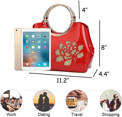 Vista 2 de ZiMing Bolso de mano de charol brillante para mujer, bolso de mano floral con asa superior, bolso de noche, bolso cruzado de hombro