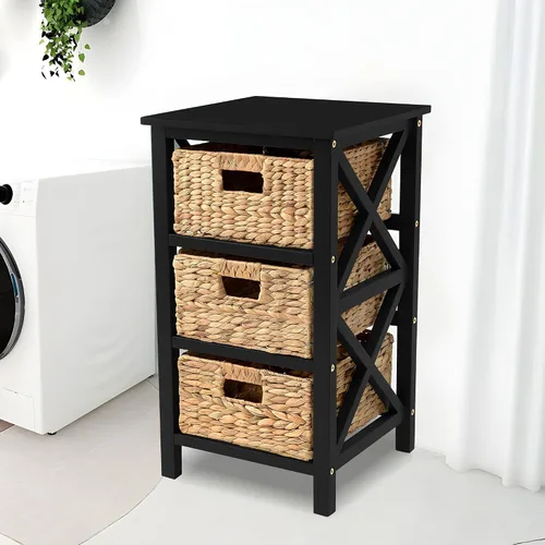 Vista 2 de eHemco Mesa auxiliar de 3 niveles con diseño en X y cestas de mimbre para mesita de noche, sala de estar, negro 3 cestas de mimbre, para mesita