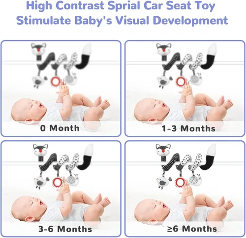 Vista 4 de XIXILAND Juguetes de peluche en espiral para bebé, juguetes de asiento de coche en blanco y negro, juguete de alto contraste para bebés recién