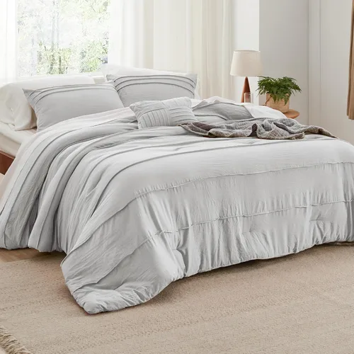 Vista 18 de Bedsure - Juego de edredón individual de 3 piezas, beige bohemio, plisado