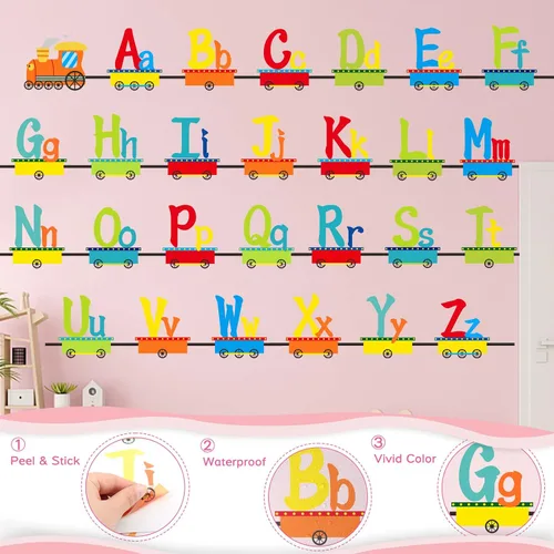 Vista 5 de Calcomanías de alfabeto para niños, alfabeto ABC, calcomanías de tren, calcomanías de pared de letras del alfabeto, calcomanías de pared