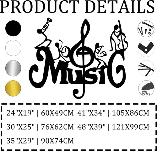 Vista 2 de Arte de pared de metal, notas musicales, decoración de pared musical, letreros para decoración de pared, decoración de pared, arte de pared Negro