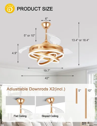 Vista 8 de Ventiladores de techo retráctiles de 42 pulgadas con luces ventilador de araña dorado moderno Gold Fandeier Ceiling Fans with Lights Quite DC