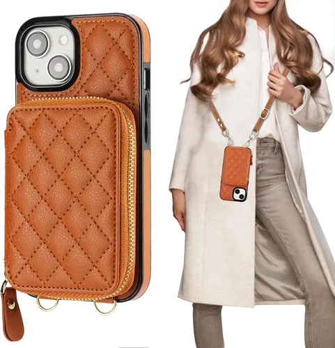Vista 14 de Bocasal Funda tipo cartera con bandolera para iPhone 15, de cuero PU con bloqueo RFID, con cierre de cremallera, cartera tipo bolso con función
